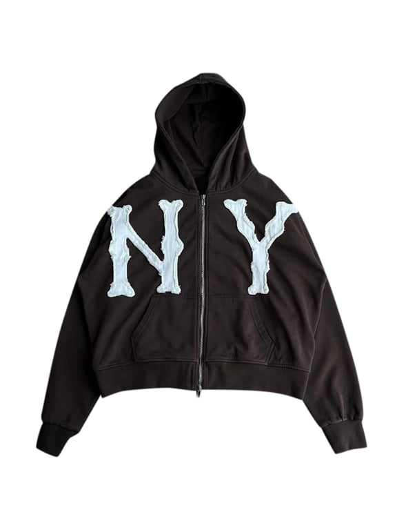 Men's Hoodie Casual Zip Front Jacket Frayed Letter Patch Short Hem Streetwear Outerwear Brown
