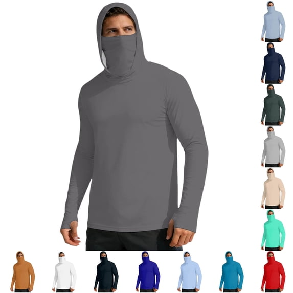 RUTAYY Men's Hoodie Long Sleeve Attached Neck Gaiter Solid Color Outdoor Casual Sweatshirt Dark Gray
