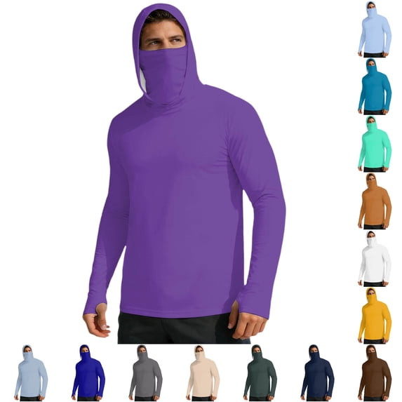 RUTAYY Men's Hoodie Long Sleeve Attached Neck Gaiter Solid Color Outdoor Casual Sweatshirt Purple