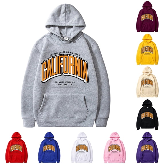 RUTAYY Men's Hoodie Long Sleeve Basic Front Pocket California Outline Letter Daily Pullover Sweatshirt Grey