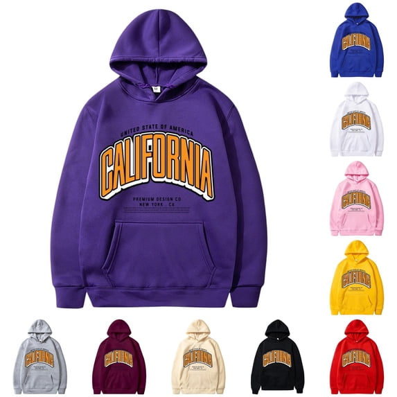 RUTAYY Men's Hoodie Long Sleeve Basic Front Pocket California Outline Letter Daily Pullover Sweatshirt Purple