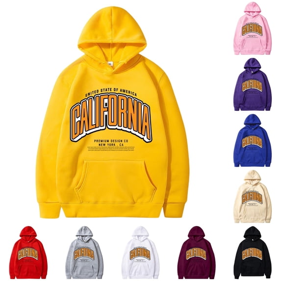RUTAYY Men's Hoodie Long Sleeve Basic Front Pocket California Outline Letter Daily Pullover Sweatshirt Yellow
