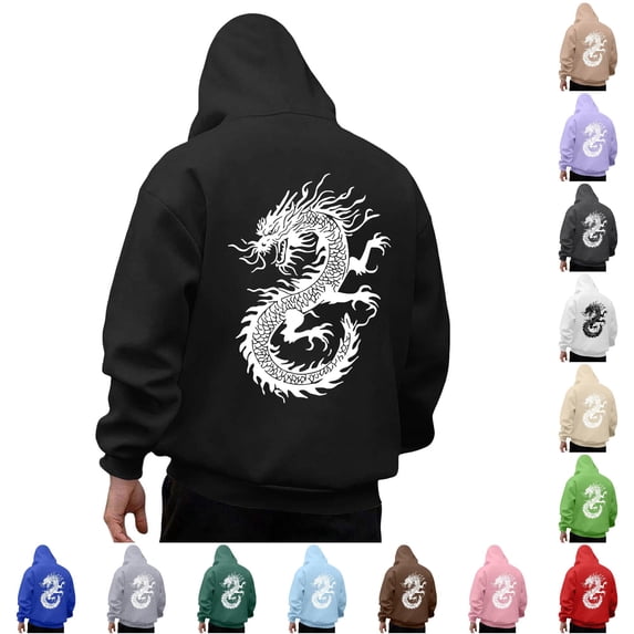 RUTAYY Men's Hoodie Long Sleeve Drawstring Front Pocket Dragon Graphic Back Print Pullover Sweatshirt Black