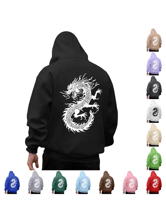 Men's Hoodie Long Sleeve Drawstring Front Pocket Dragon Graphic Back Print Pullover Sweatshirt Black
