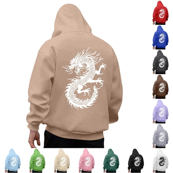 RUTAYY Men's Hoodie Long Sleeve Drawstring Front Pocket Dragon Graphic Back Print Pullover Sweatshirt Brown