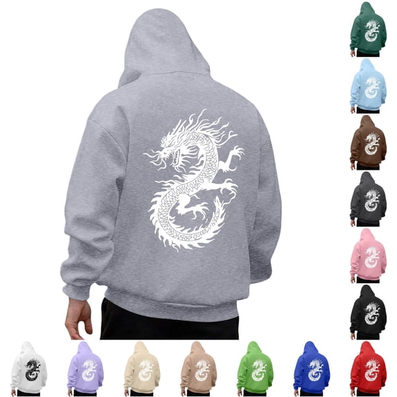 RUTAYY Men's Hoodie Long Sleeve Drawstring Front Pocket Dragon Graphic Back Print Pullover Sweatshirt Light Gray