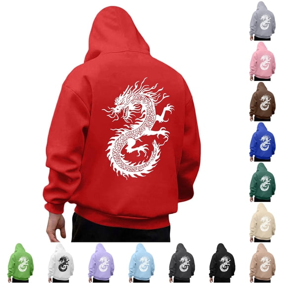 RUTAYY Men's Hoodie Long Sleeve Drawstring Front Pocket Dragon Graphic Back Print Pullover Sweatshirt Red
