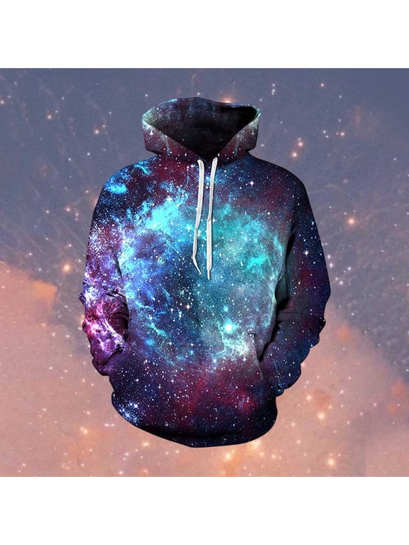Men's Hoodie Long Sleeve Drawstring Front Pocket Full Galaxy Star Print Pullover Sweatshirt Blue