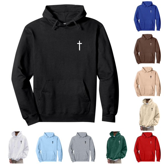 RUTAYY Men's Hoodie Long Sleeve Drawstring Front Pocket Small Cross Graphic Print Pullover Sweatshirt Black