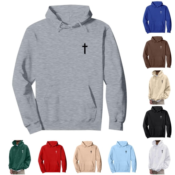 RUTAYY Men's Hoodie Long Sleeve Drawstring Front Pocket Small Cross Graphic Print Pullover Sweatshirt Grey