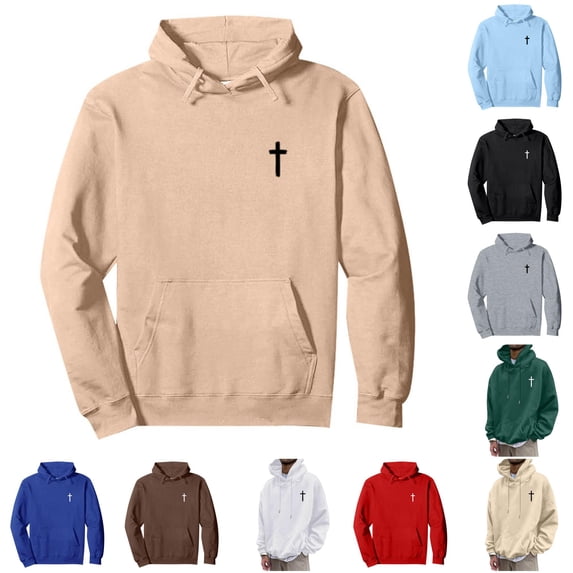 RUTAYY Men's Hoodie Long Sleeve Drawstring Front Pocket Small Cross Graphic Print Pullover Sweatshirt Khaki