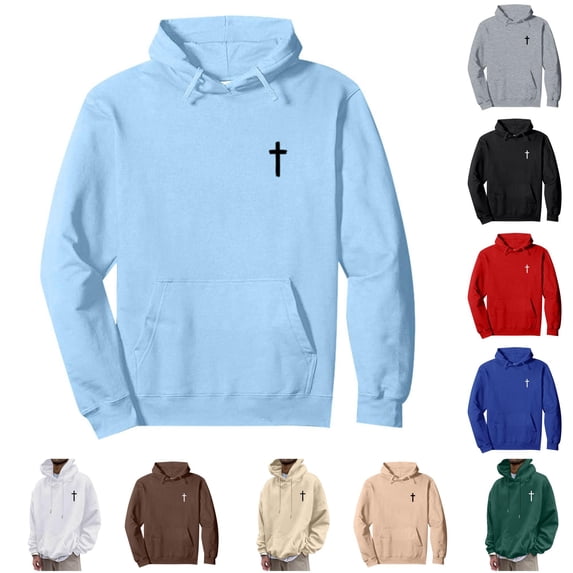 RUTAYY Men's Hoodie Long Sleeve Drawstring Front Pocket Small Cross Graphic Print Pullover Sweatshirt Light Blue