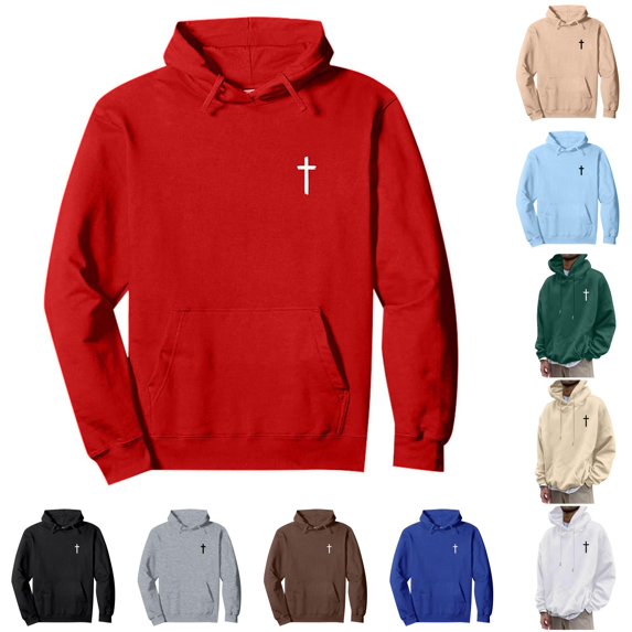 RUTAYY Men's Hoodie Long Sleeve Drawstring Front Pocket Small Cross Graphic Print Pullover Sweatshirt Red