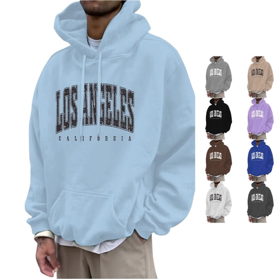 RUTAYY Men's Hoodie Long Sleeve Drawstring Front Pocket Vintage Letter Print Daily Casual Pullover Sweatshirt Light Blue
