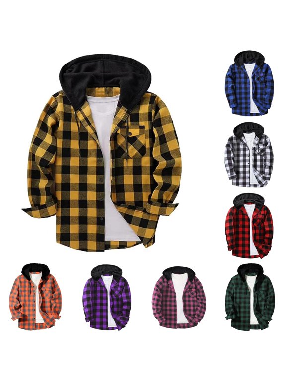 Men's Hoodie Long Sleeve Drawstring Hood Plaid Pattern Casual Layer Sweatshirt Yellow