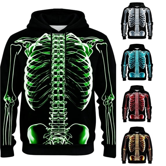 RUTAYY Men's Hoodie Long Sleeve Halloween Glowing Skeleton Ribcage Graphic Streetwear Sweatshirt Green