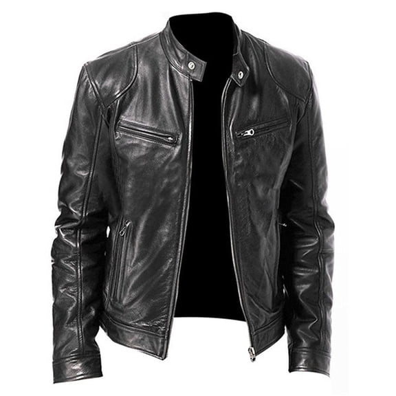 RUTAYY Men's Leather Jacket Long Sleeve Solid Color Autumn Winter Stand Collar Party Coat Trendy Versatile Tops