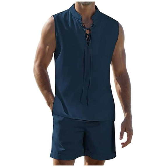 RUTAYY Men's Outfits 2 Piece Lace Up Solid Color Summer Casual Sleeveless Tank Tops Shorts with Pocket Classic Stylish Clothing Sets