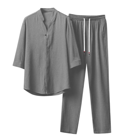 RUTAYY Men's Outfits 2 Piece Short Sleeve Button Shirt Trousers Solid Color Comfortable Breathable Daily Wear Trendy Beach Clothing Sets