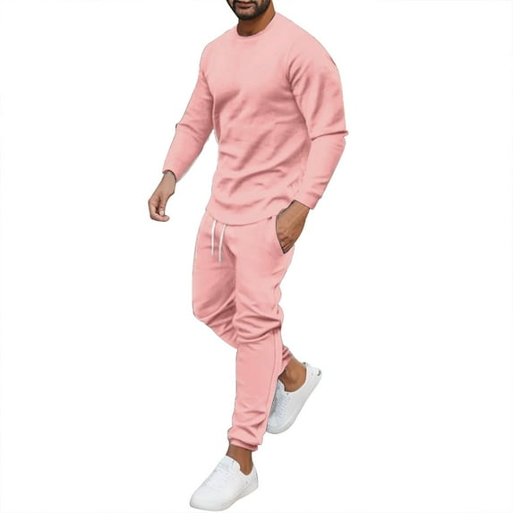 RUTAYY Men's Outfits 2 Piece Solid Color Round Neck Long Sleeve Shirts and Long Pants Indoor Outdoor Activities Chic Holiday Clothing Sets
