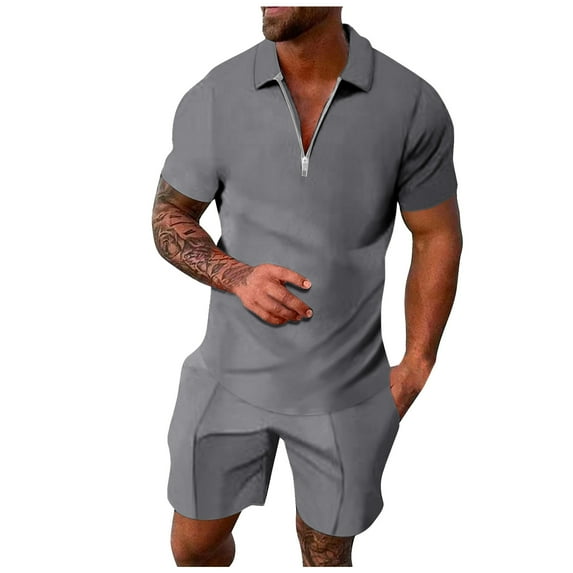 RUTAYY Men's Outfits 2 Piece Solid Color Short Sleeve Turndown Collar Zipper Shirt and Shorts Zipper Beach Vacation Clothing Sets