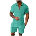 thumbnail image 1 of RUTAYY Men's Outfits 2 Piece Solid Color Short Sleeve Turndown Collar Zipper Shirt and Shorts Zipper Vacation Beach Clothing Sets, 1 of 5