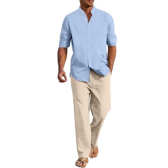 RUTAYY Men's Outfits Breathable Solid Color Long Sleeve Shirt with Button Pockets Comfortable Pants Yoga Casual Outdoor Wear Travel Vacation Clothing Sets