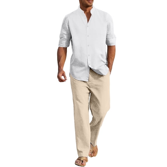 RUTAYY Men's Outfits Breathable Solid Color Long Sleeve Shirt with Button Pockets Comfortable Pants Yoga Casual Outdoor Wear Vacation Travel Clothing Sets