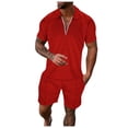 thumbnail image 1 of RUTAYY Men's Outfits Casual 2 Piece Solid Color Zipper Turndown Collar Short Sleeve Blouse and Drawstring Pocket Shorts Chic Holiday Clothing Sets, 1 of 7