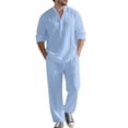 thumbnail image 1 of RUTAYY Men's Outfits Casual Loose Fit Solid Color V-Neck Long Sleeve Shirt and Pants Daily Wear Breathable Beach Vacation Clothing Sets, 1 of 4