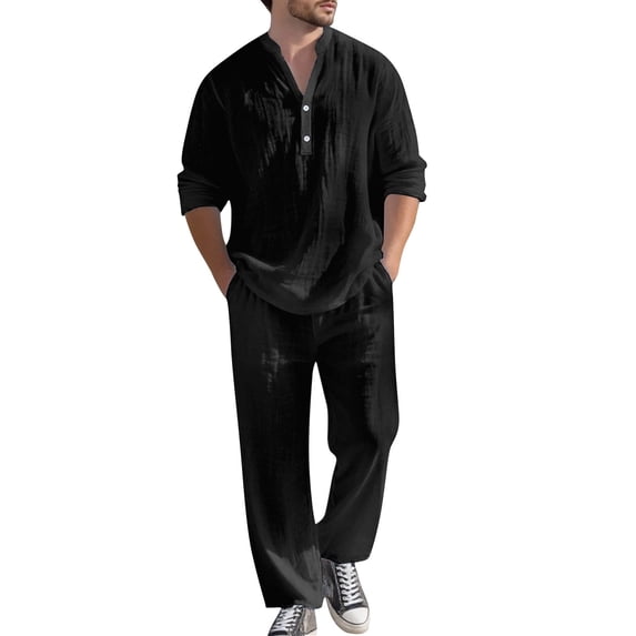 RUTAYY Men's Outfits Casual Loose Fit Solid Color V-Neck Long Sleeve Shirt and Pants Daily Wear Breathable Holiday Chic Clothing Sets