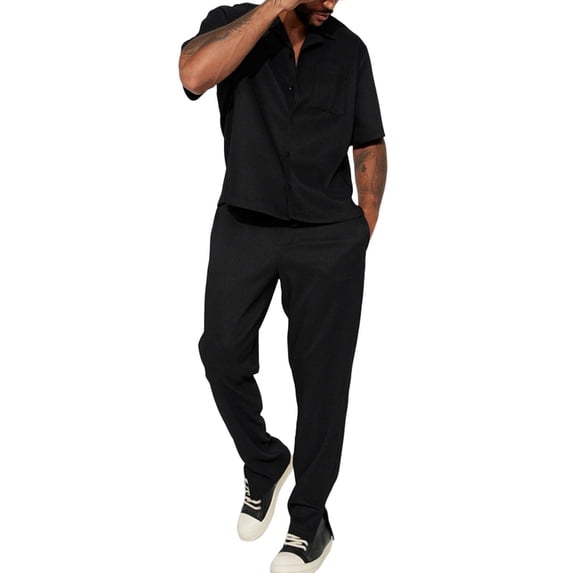 RUTAYY Men's Outfits Casual Loose Turndown Collar Short Sleeve Solid Color Shirt Long Pants Suit Comfortable Breathable Fashion Vacation Clothing Sets
