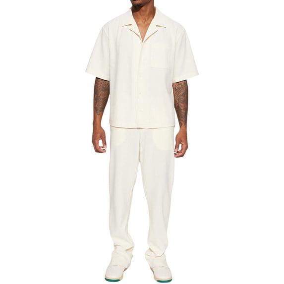 RUTAYY Men's Outfits Casual Loose Turndown Collar Short Sleeve Solid Color Shirt Long Pants Suit Comfortable Breathable Playful Vacation Clothing Sets
