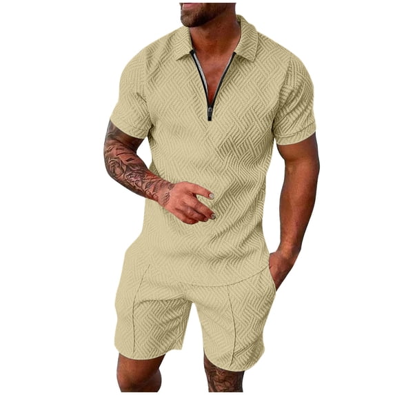 RUTAYY Men's Outfits Casual Solid Color 2 Piece Turndown Collar Zipper Short Sleeve Tops Drawstring Shorts Elegant Holiday Clothing Sets