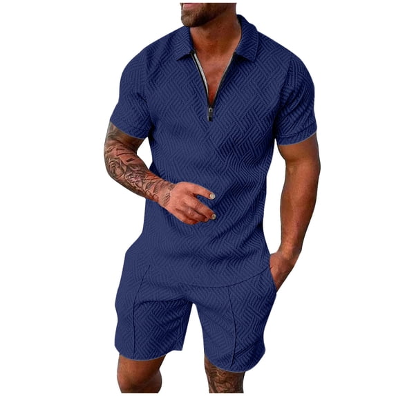 RUTAYY Men's Outfits Casual Solid Color 2 Piece Turndown Collar Zipper Short Sleeve Tops Drawstring Shorts Relaxed Holiday Clothing Sets