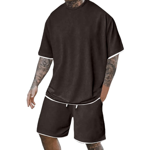 RUTAYY Men's Outfits Casual Solid Color Everyday Wear Tshirts Shorts with Pocket 2 Piece Stretch Summer Travel Vacation Clothing Sets