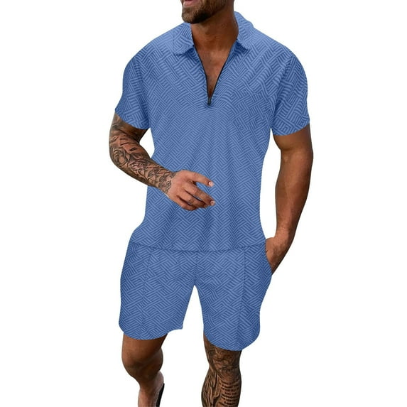 RUTAYY Men's Outfits Casual Striped Print 2 Piece Solid Color Turndown Collar Zipper Short Sleeve Tops Blouse and Drawstring Shorts with Pocket Classic Stylish Clothing Sets