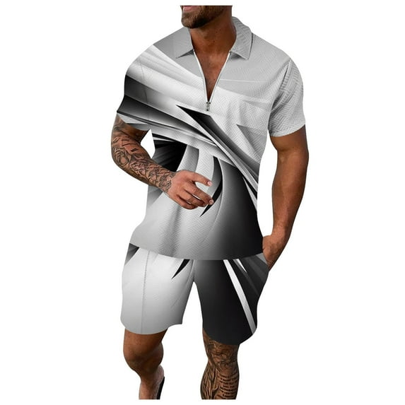 RUTAYY Men's Outfits Casual Striped Print 2 Piece Zipper Turndown Collar Short Sleeve Tops Blouse and Drawstring Pocket Shorts Playful Vacation Clothing Sets