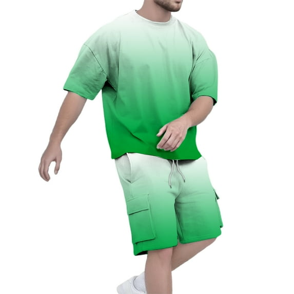 RUTAYY Men's Outfits Gradient Color Round Neck Tshirts Shorts Summer Casual Daily Wear Lightweight Breathable Relaxed Holiday Clothing Sets