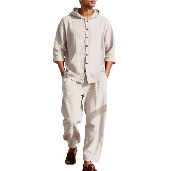 RUTAYY Men's Outfits Hooded Long Sleeve Solid Color Shirts Loose Trousers with Pocket Casual Daily Wear Classic Stylish Clothing Sets