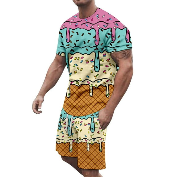 RUTAYY Men's Outfits Summer Casual Ice Cream Print Round Neck Short Sleeve Tee Shorts with Pocket Loose Fit Daily Wear Comfortable Fashion Vacation Clothing Sets