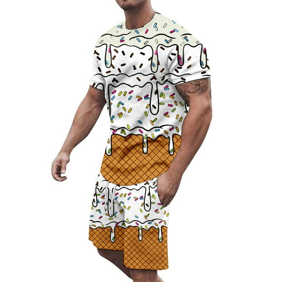 RUTAYY Men's Outfits Summer Casual Ice Cream Print Round Neck Short Sleeve Tee Shorts with Pocket Loose Fit Daily Wear Comfortable Holiday Chic Clothing Sets