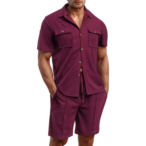 RUTAYY Men's Outfits Summer Plus Size Solid Color Turndown Collar Short Sleeve T-Shirts Shorts with Pocket Holiday Chic Clothing Sets