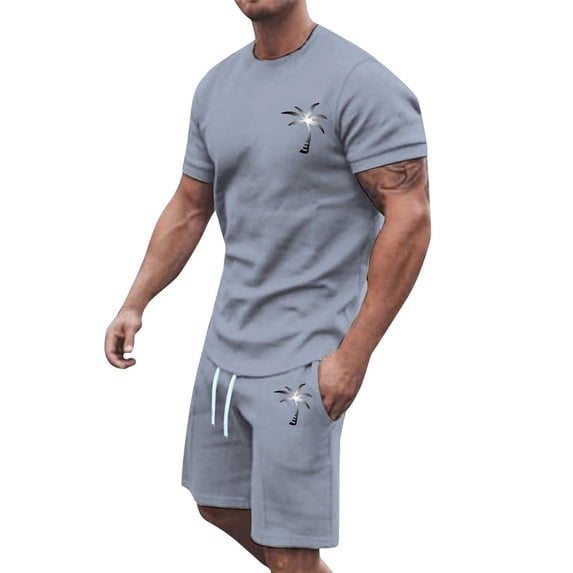 RUTAYY Men's Outfits Summer Tracksuit Plus Size Casual Short Sleeve Round Neck Athletic Suit Coconut Tree Print Drawstring Waist Tracksuit Travel Vacation Clothing Sets