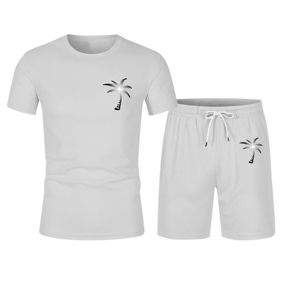 RUTAYY Men's Outfits Summer Tracksuit Plus Size Casual Short Sleeve Round Neck Athletic Suit Coconut Tree Print Drawstring Waist Tracksuit Trendy Travel Clothing Sets