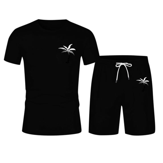 RUTAYY Men's Outfits Summer Tracksuit Plus Size Short Sleeve Round Neck Athletic Suit Casual Coconut Tree Print Drawstring Waist Tracksuit Beach Vacation Clothing Sets