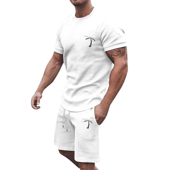 RUTAYY Men's Outfits Summer Tracksuit Plus Size Short Sleeve Round Neck Athletic Suit Casual Coconut Tree Print Drawstring Waist Tracksuit Fashion Vacation Clothing Sets