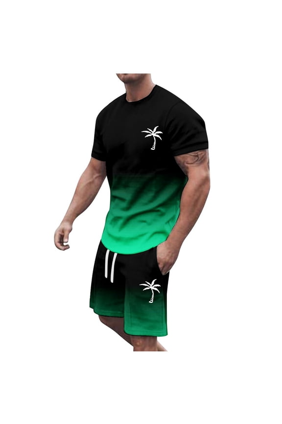 Men's Outfits Summer Tracksuit Plus Size Short Sleeve Round Neck Athletic Suit Casual Coconut Tree Print Drawstring Waist Tracksuit Travel Vacation Clothing Sets