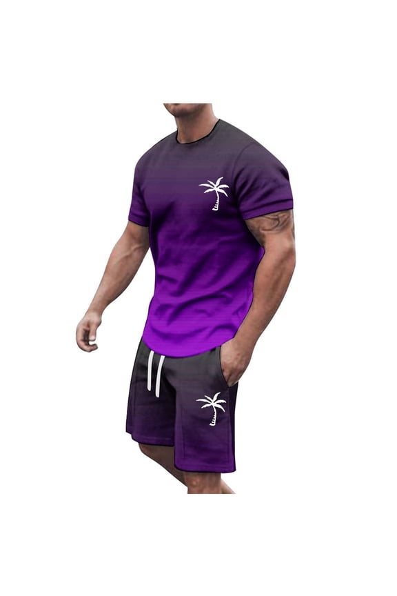 Men's Outfits Summer Tracksuit Plus Size Short Sleeve Round Neck Athletic Suit Casual Coconut Tree Print Drawstring Waist Tracksuit Trendy Beach Clothing Sets