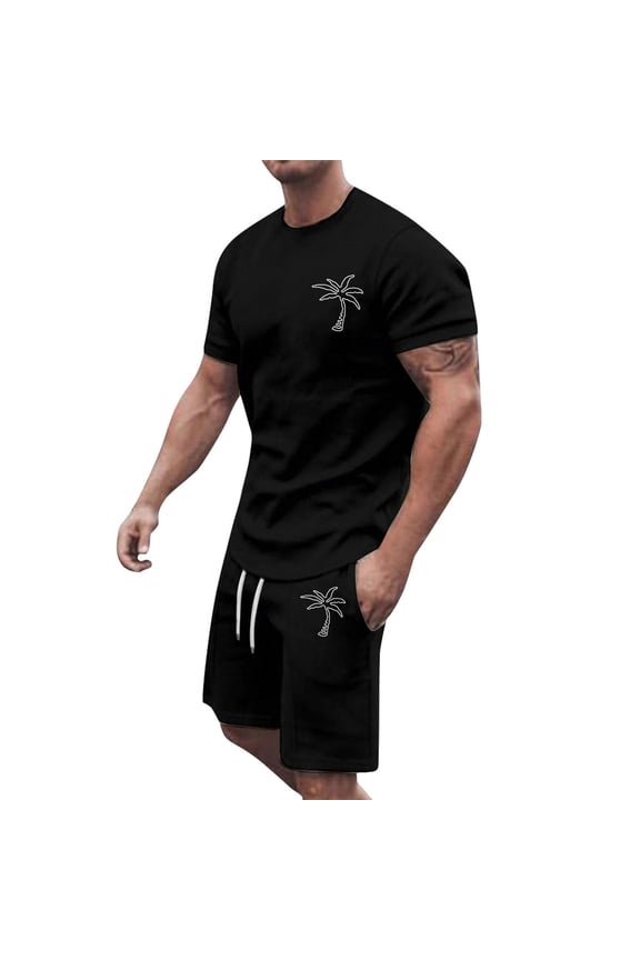 Men's Outfits Summer Tracksuit Plus Size Short Sleeve Round Neck Athletic Suit Casual Coconut Tree Print Drawstring Waist Tracksuit Trendy Vacation Clothing Sets